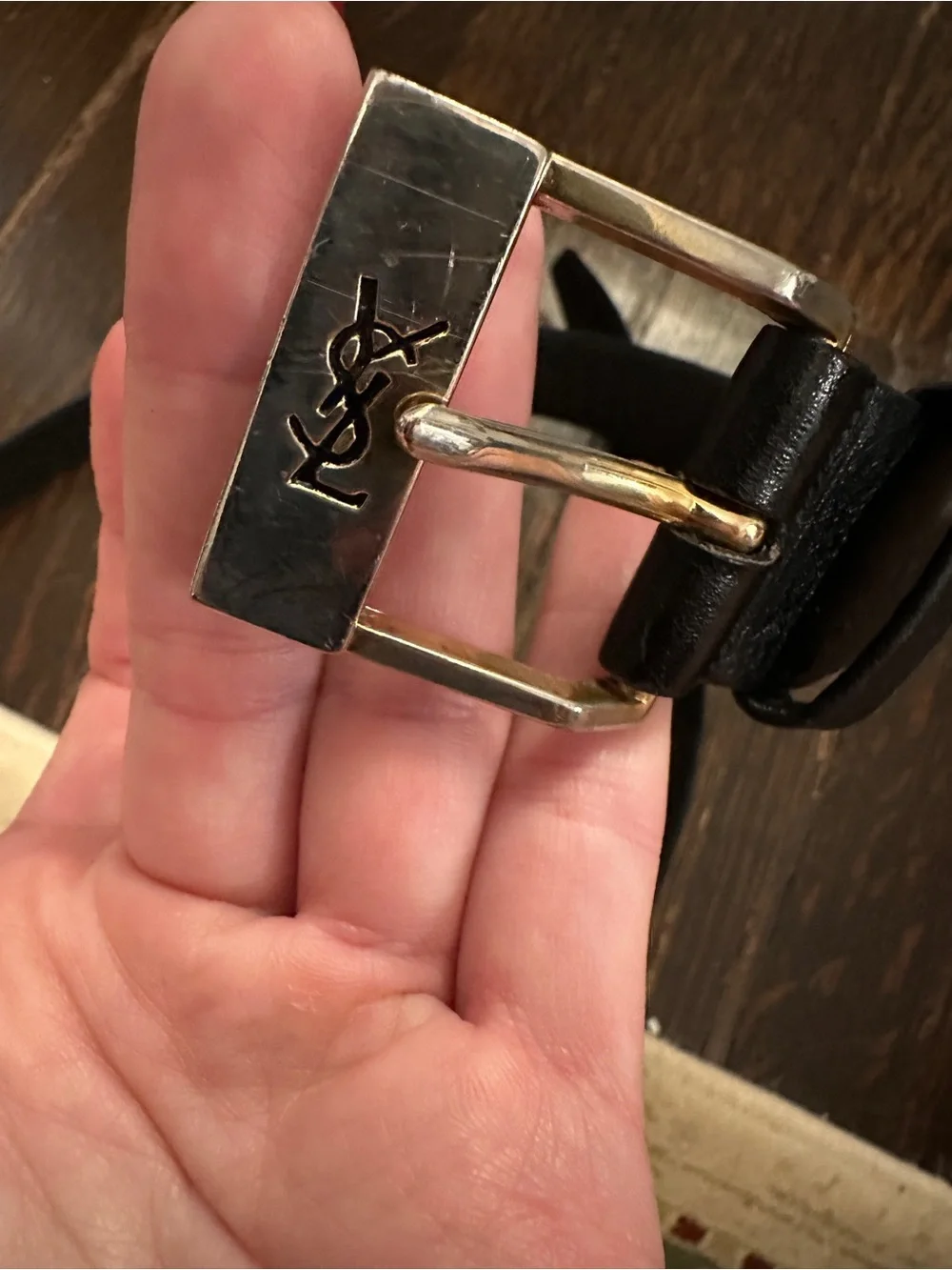 Vintage Yves Saint Laurent Black Leather Belt with Gold YSL Logo Buckle